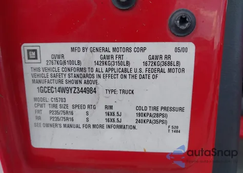 2000 Chevrolet Silverado 1500 from USA, damaged, VIN 1GCEC14W9YZ344984